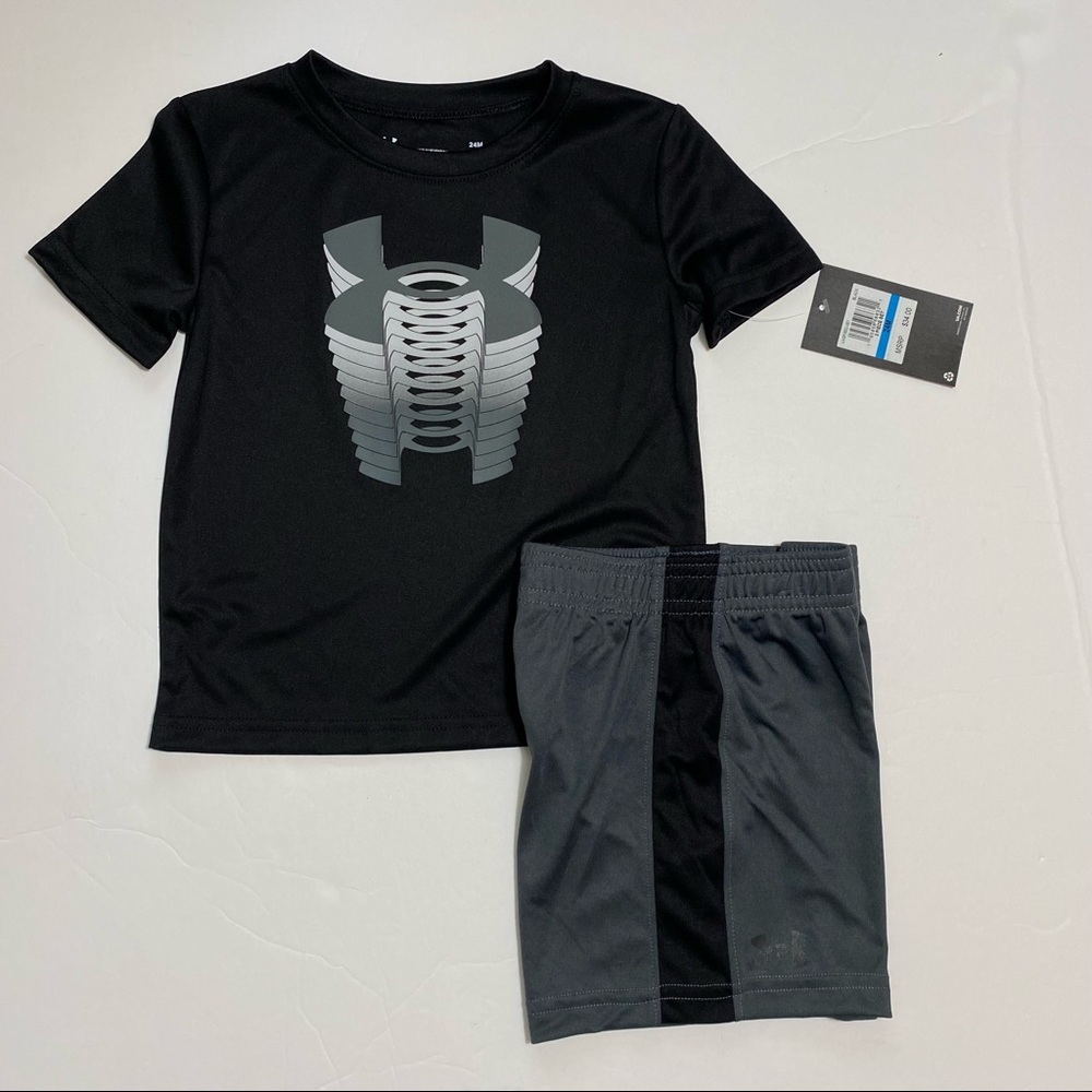 Under Armour UA Logo Rise Tee Shirt & Striped Shorts Set Outfit Sz 24M